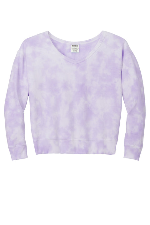 Port & Co™ Women's Beach Wash® Cloud Tie-Dye V-Neck Sweatshirt LPC140V
