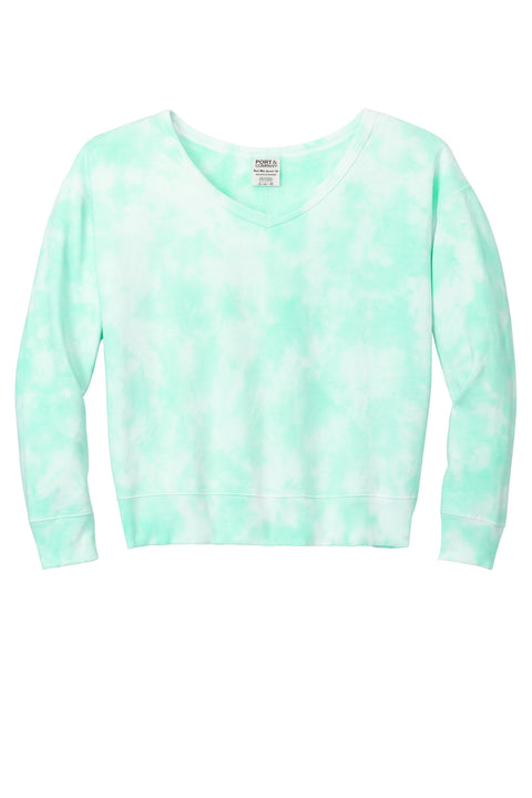 Port & Co™ Women's Beach Wash® Cloud Tie-Dye V-Neck Sweatshirt LPC140V